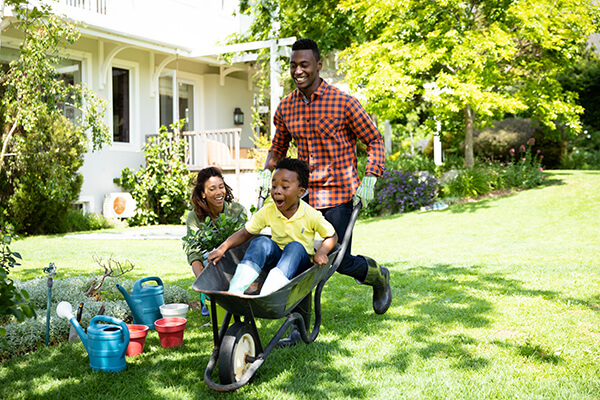 Father wheeling son in wheelbarrow