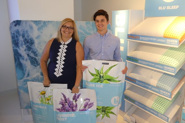 Blu Sleep's Elizabeth and son with new pillow packaging