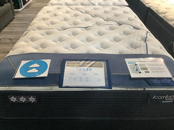 HYBRID POWER Serta iComfort hybrid mattresses are featured at the front of the mattress department.
