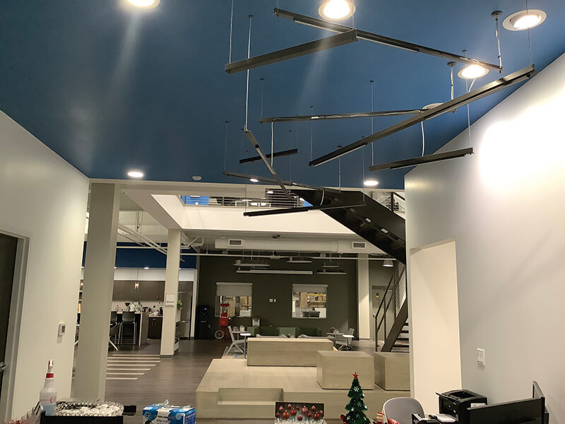 ELEVATED Bed frames, a signature product for Rize Home, are featured in this overhead display in the Cleveland offices.