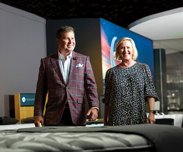 OMETHING TO EXPLORE Jeff Harris, president and CEO of Furnitureland South, and Becky Greene, executive director of merchandising, want consumers to be excited to explore the 11,000-square-foot Sleepland in Jamestown, North Carolina.