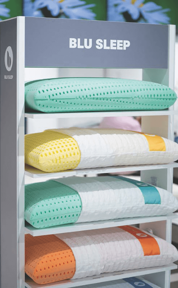 Maximize Pillow Sales. Show off Blu Sleep offers a compact, eye-catching display for its colorful foam pillows.