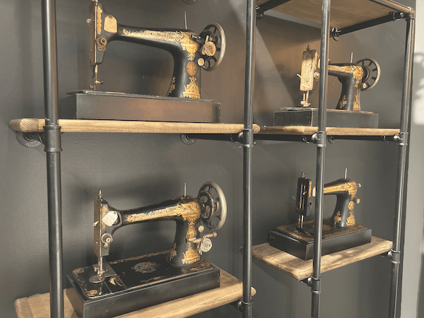 These antique singer sewing machines in the Las Vegas showroom window pay homage to Kingsdown’s long history. The company started in Mebane, North Carolina, in 1904.