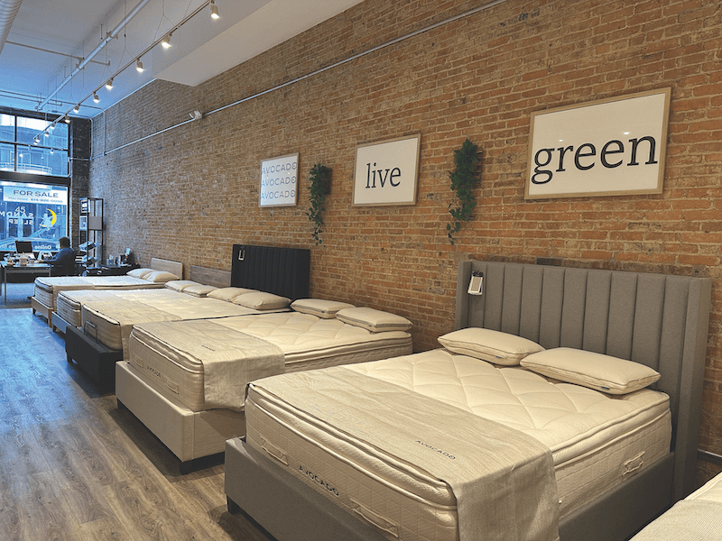 LIGHT AND BRIGHT An assortment of mattresses from Avocado Green Mattress are the first beds shoppers encounter when they enter the light-filled showroom on the bustling North High Street in Columbus, Ohio.