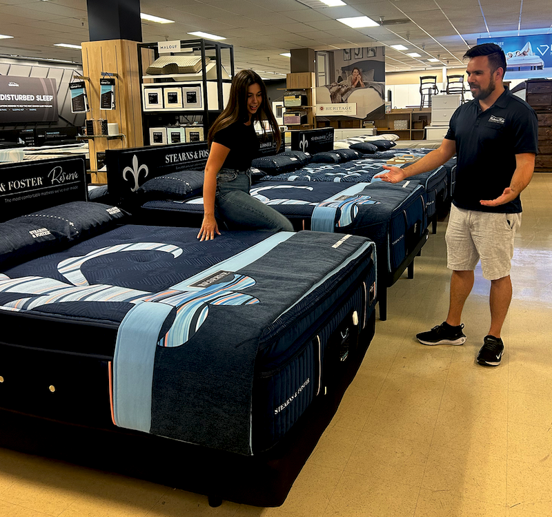 REST-TESTING Anna Burnett, Mattress Recycling Council’s territory representative for Southern California, checks out a Stearns & Foster bed.