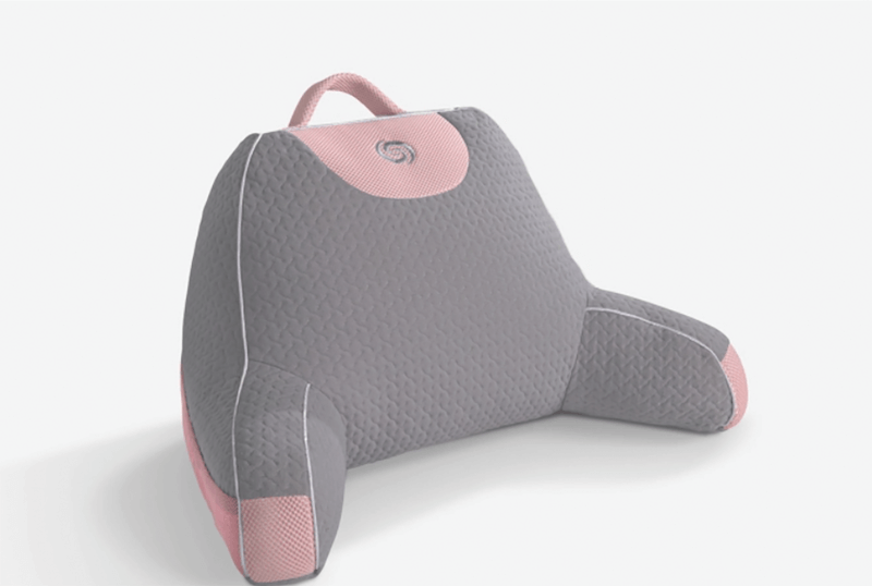 Among the items in Bedgear's kids bedding line is the Toddler Mini backrest, with either pink or teal accents on the gray moisture-wicking cover.