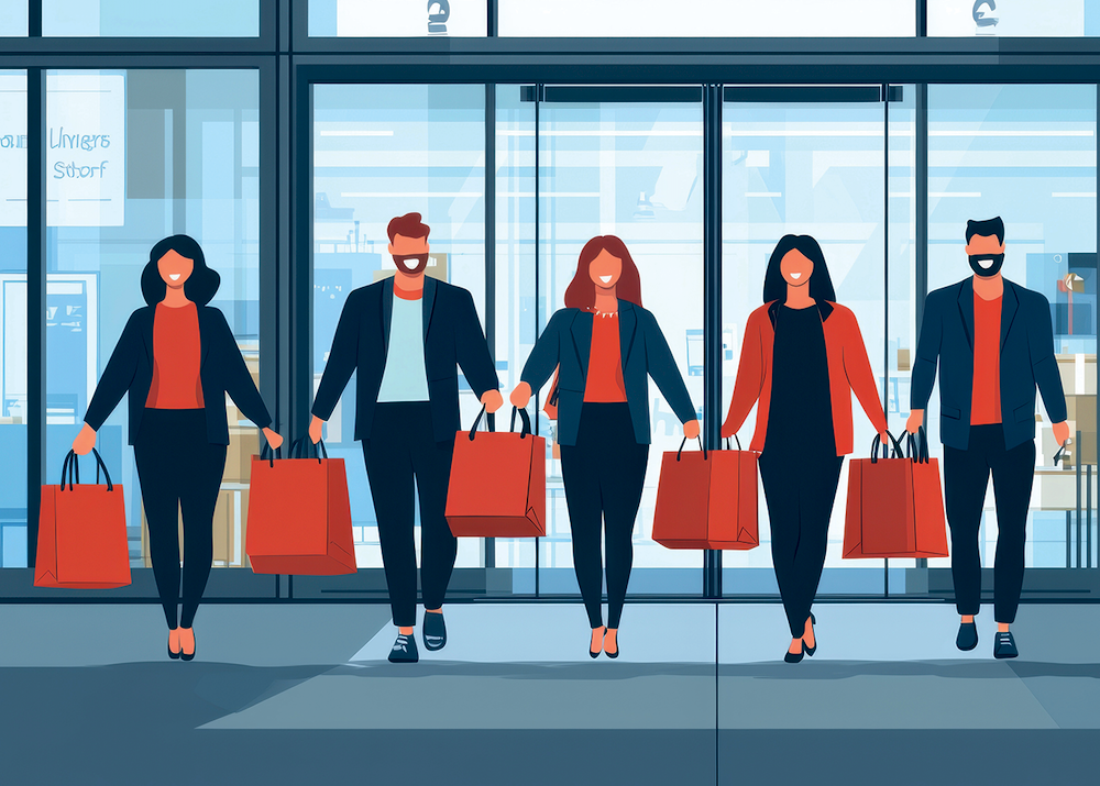 Row of shoppers with bags