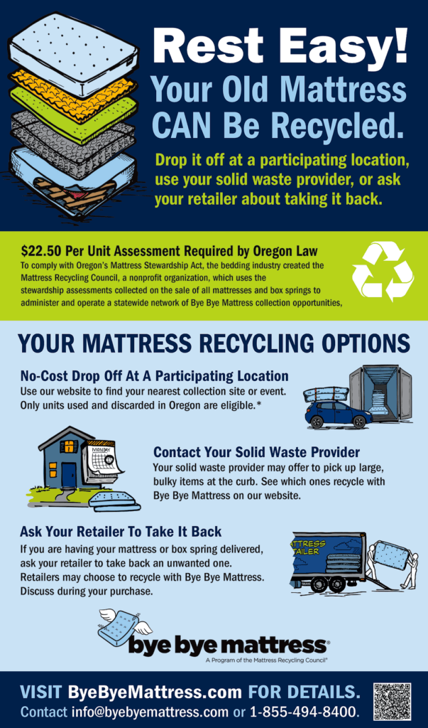 Posters like this one explaining to Oregon residents how to recycle a used mattress are available in several languages.