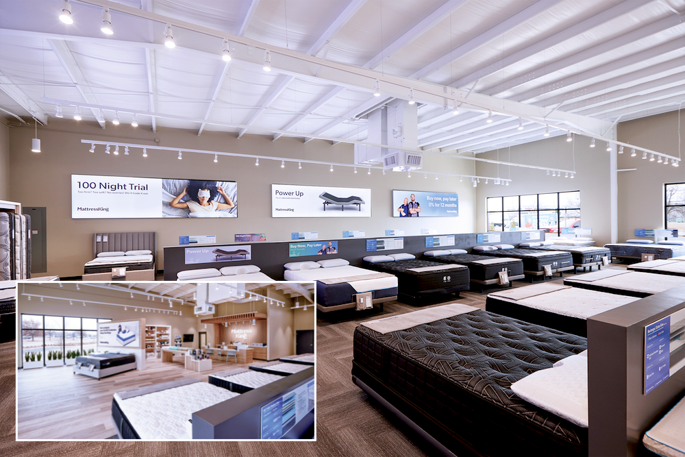 A flood of natural light, essential oil diffusers and a warm color palette create a calming atmosphere for shoppers.