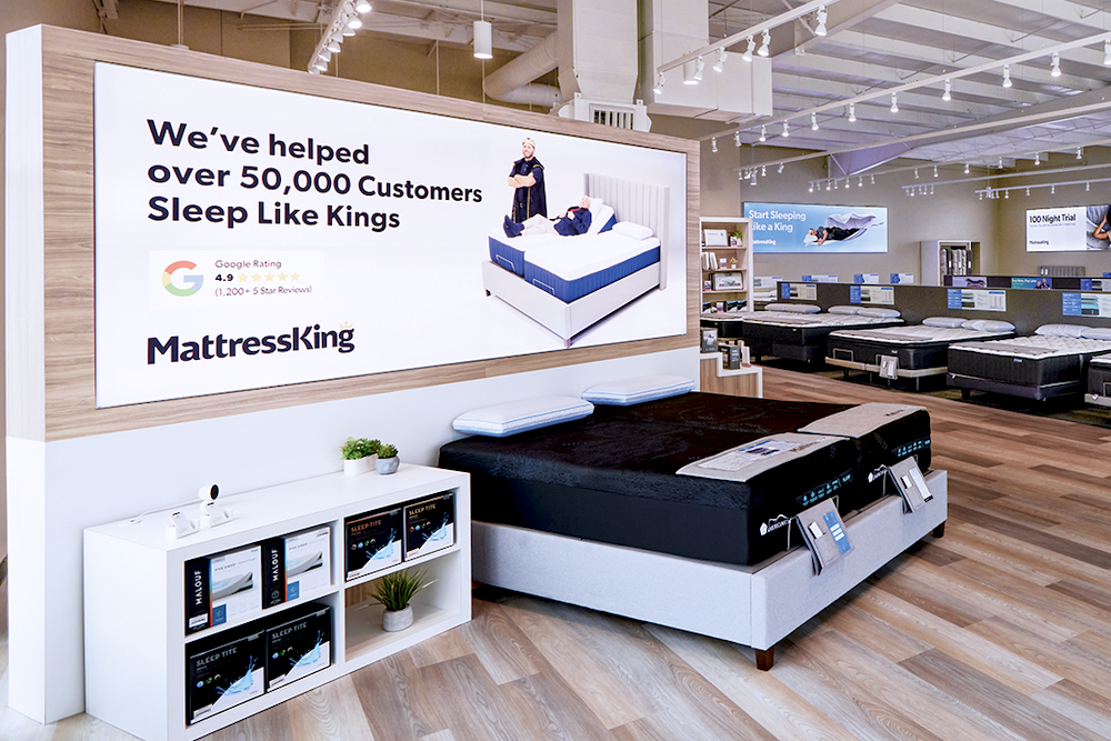 In-store signage promotes Mattress King as the brand instead of products or companies.