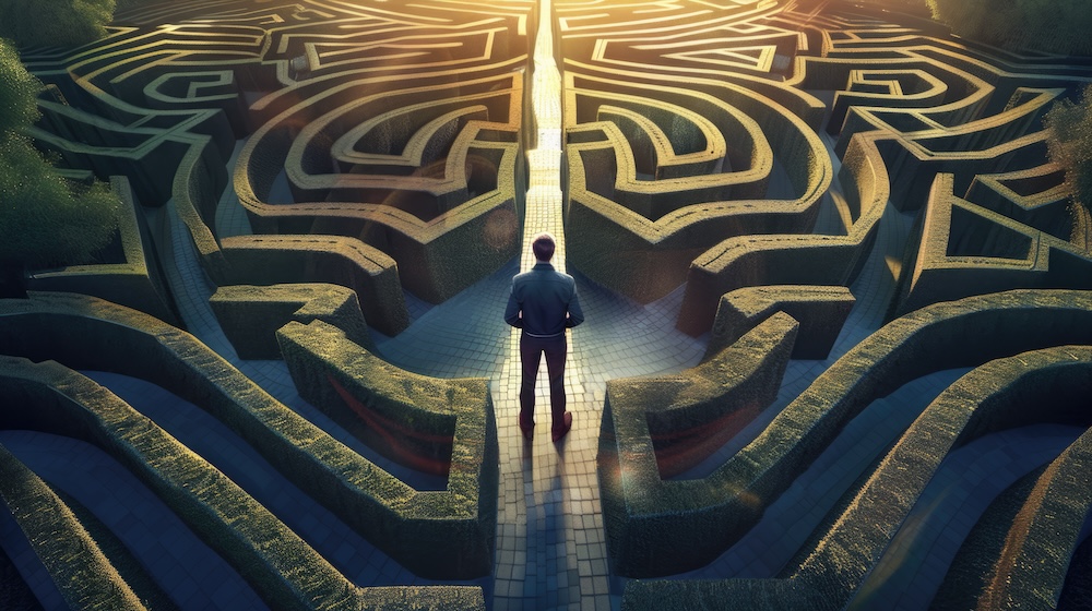 A man standing in the center of a complex maze