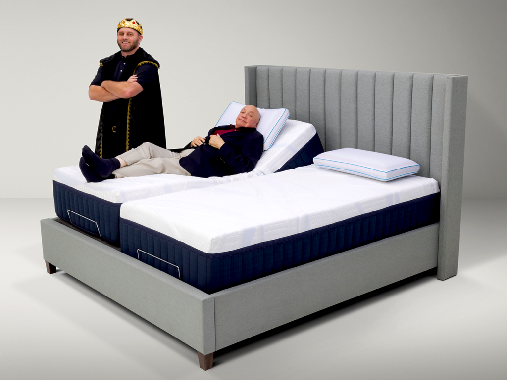 Farris, sporting the crown, works with local actor Johnny Ross for Mattress King’s commercials, balancing information with humor.