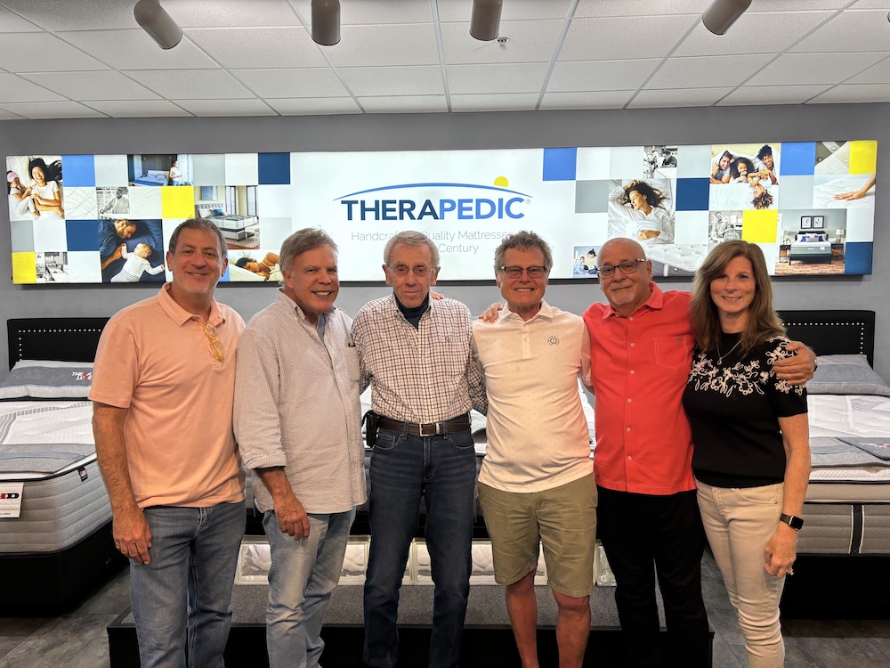 Darren Sodikoff, The Bedding Group; Gerry Borreggine, Therapedic; Frank DeAngelis, Total Furniture (Kenosha, Wisc.); Steve Hoots and Jeffrey Sherman, both of The Bedding Group; and Susan Mathes, Therapedic. 