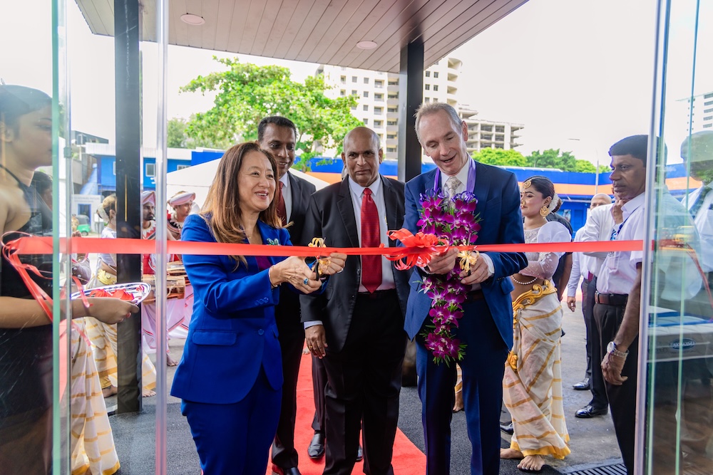U.S. Ambassador to Sri Lanka Julie Chung and Englander President and CEO Lou Paige cut the ribbon on the new Richard Pieris & Co. showroom in Colombo, Sri Lanka.
