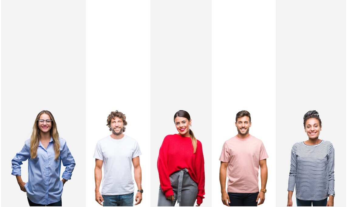 Collage of different ethnics young people over white stripes isolated background with a happy and cool smile on face. Lucky person.