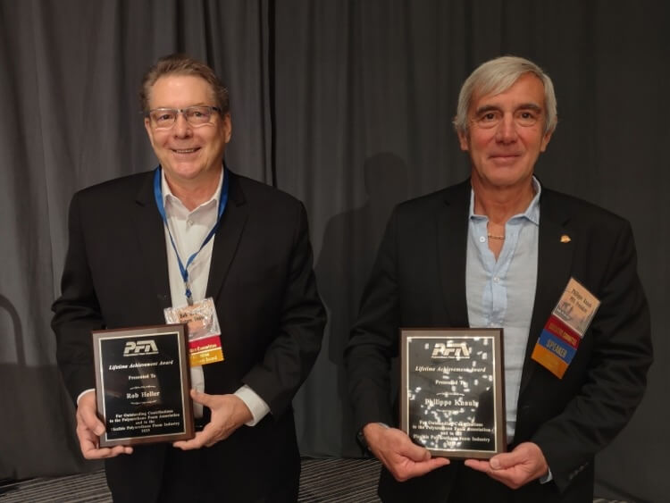 (From left) Future Foam vice president Rob Heller and outgoing PFA President Philippe Knaub were honored with the PFA’s Lifetime Achievement Award.  
